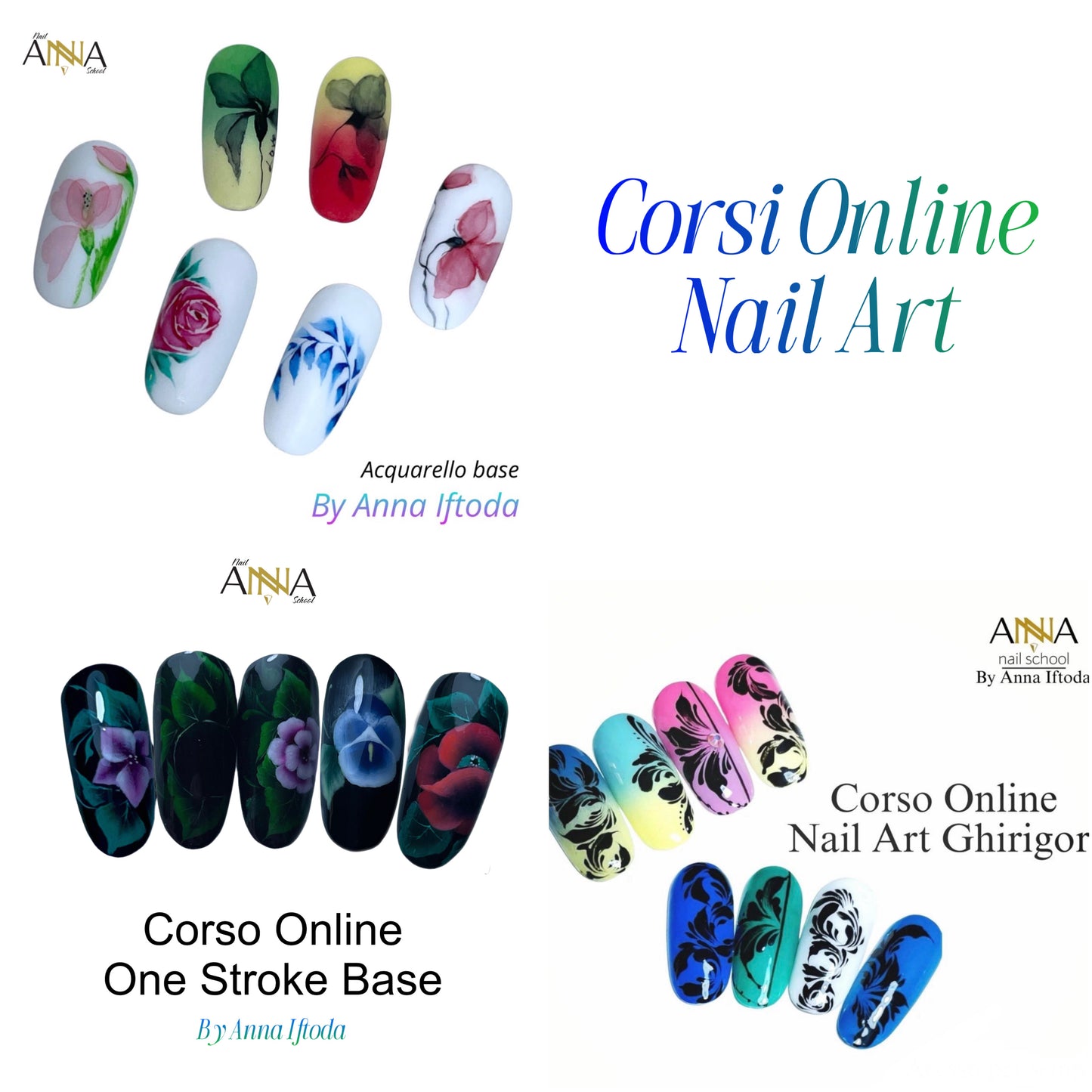 3 corsi insieme Nail Art One Stroke , Ghirigori, Acquerello